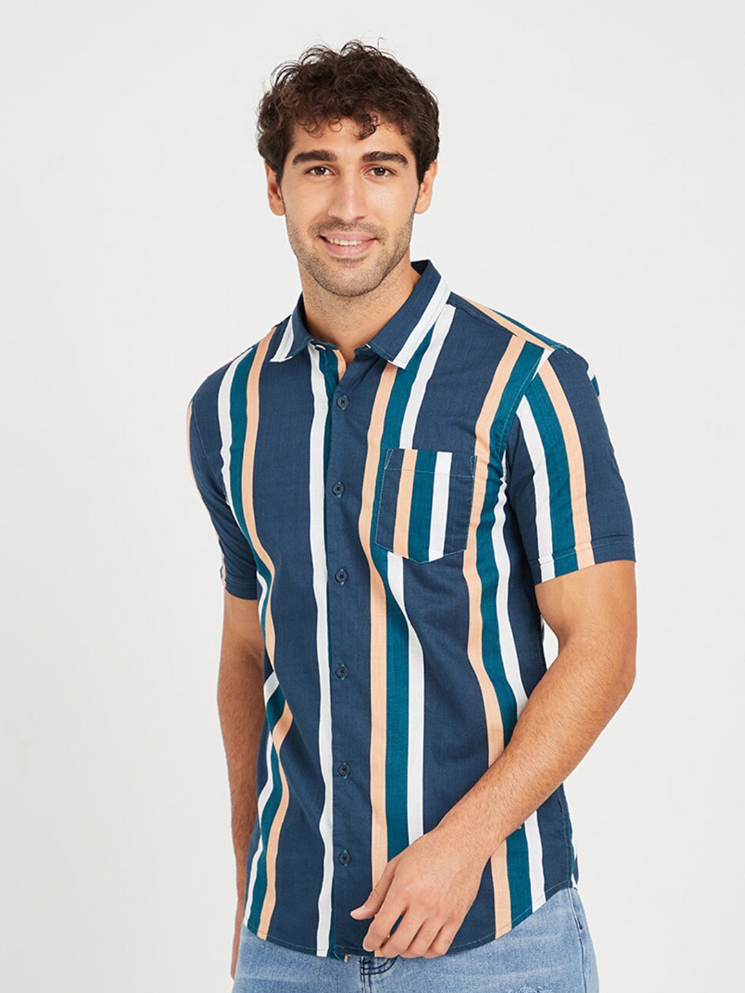

Campus Sutra Navy Blue & White Striped Cuban Collar Classic Cotton Casual Shirt