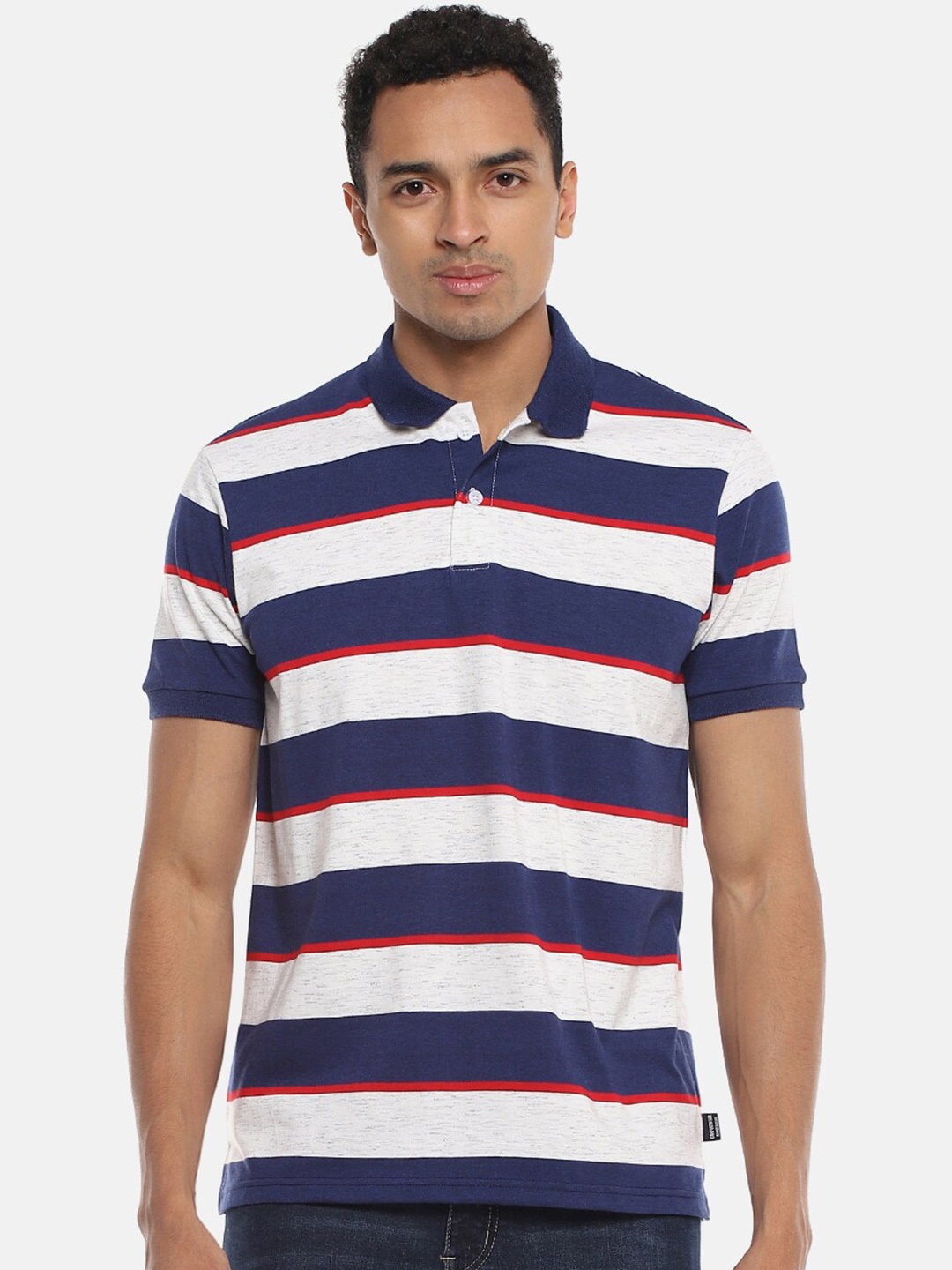 

Campus Sutra White & Navy Blue Striped Polo Collar Cotton T-shirt