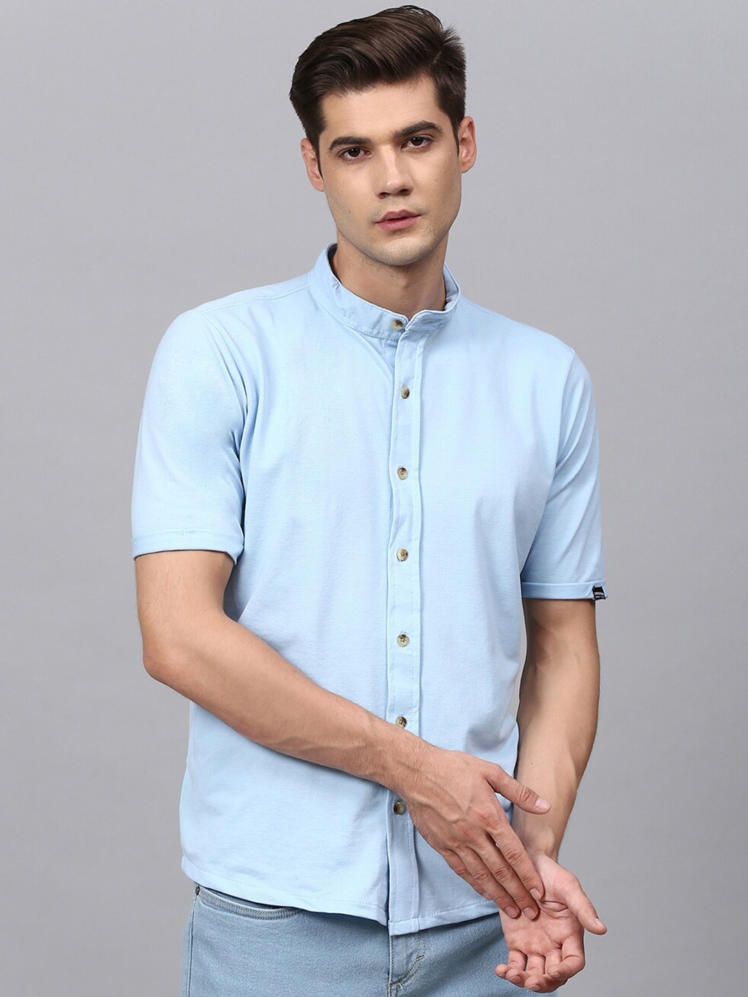 

Campus Sutra Blue Band Collar Classic Cotton Shirt