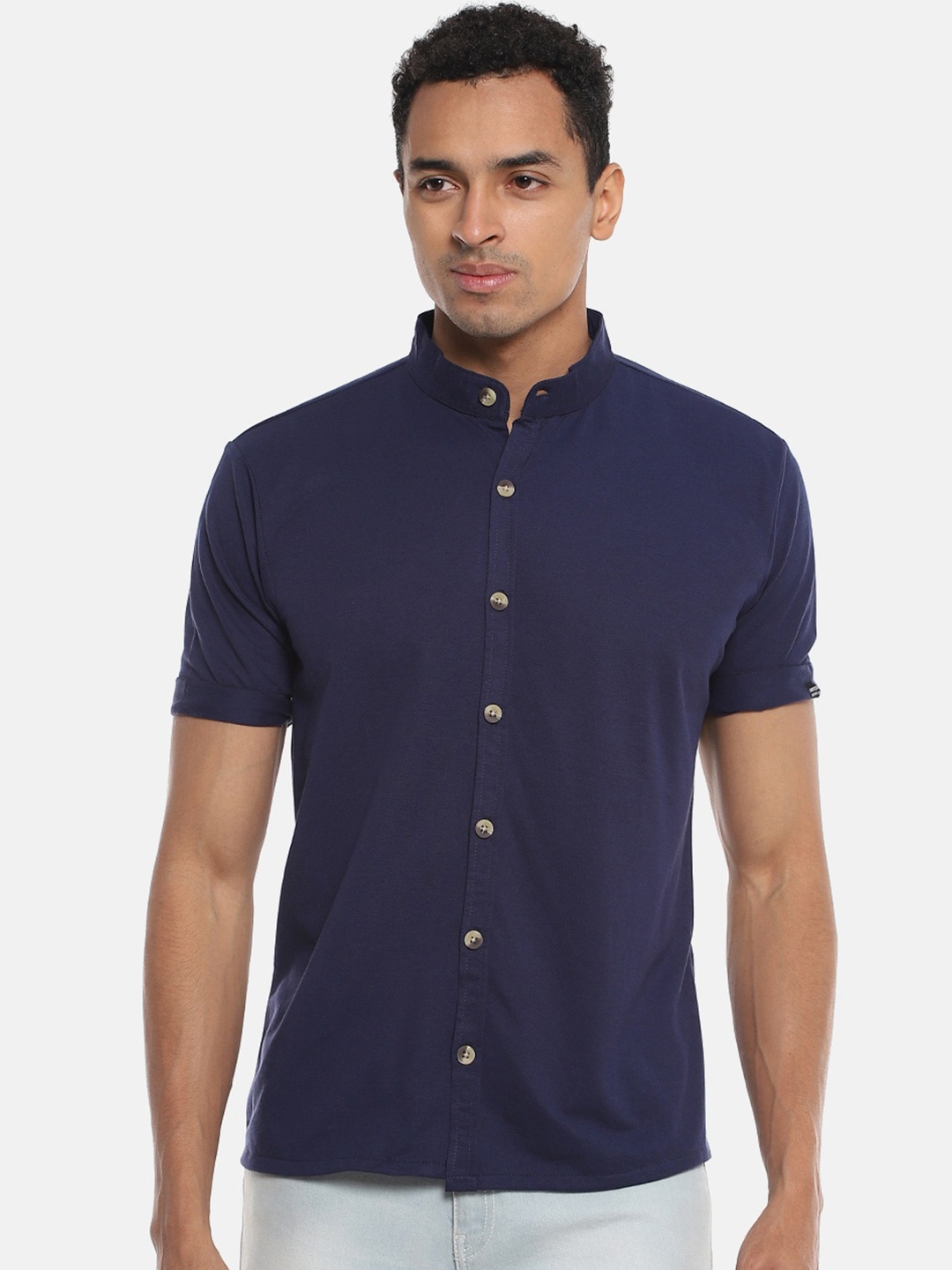 

Campus Sutra Navy Blue Band Collar Classic Cotton Shirt