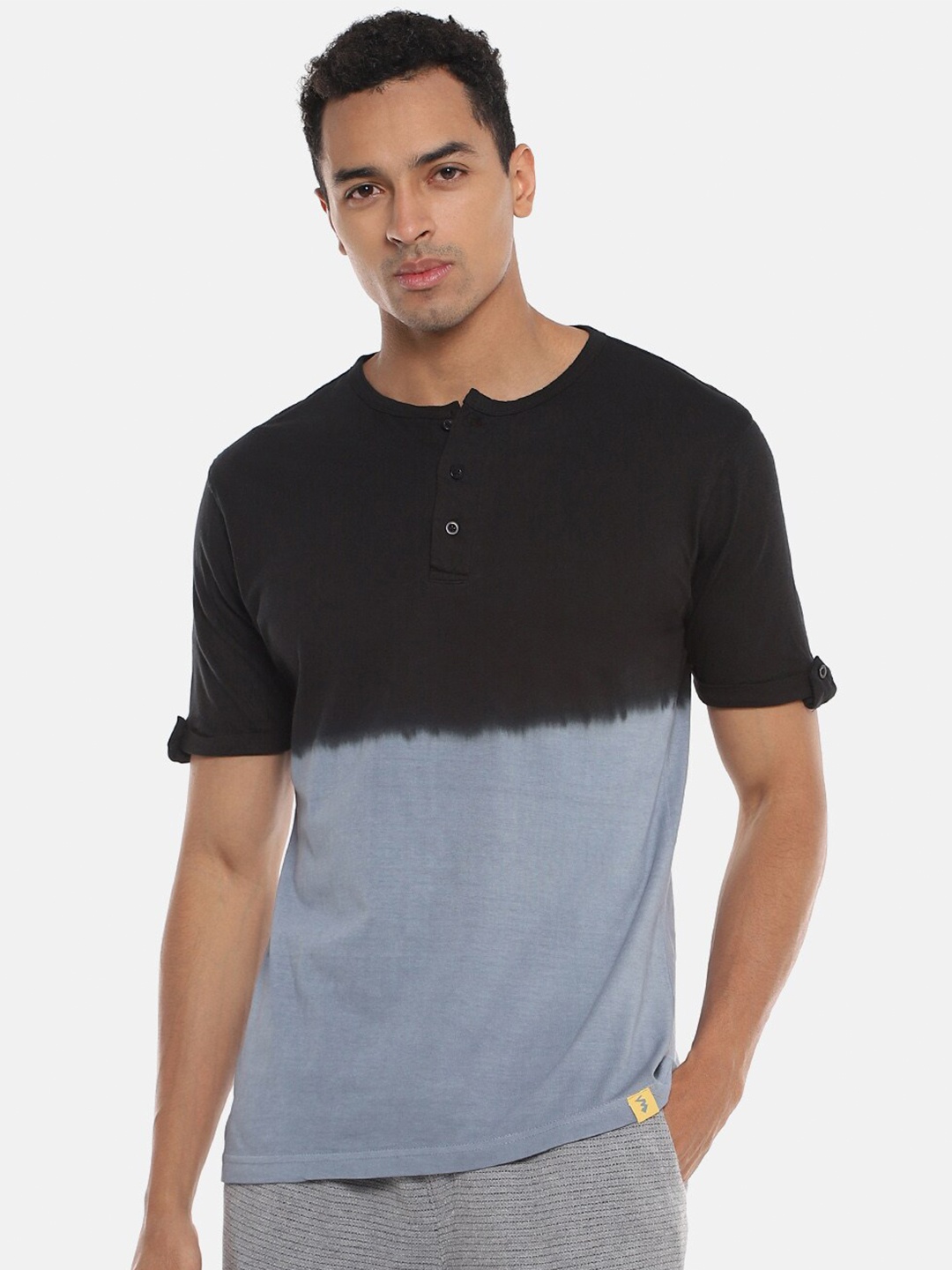 

Campus Sutra Black & Grey Tie & Dye Henley Neck Cotton T-shirt