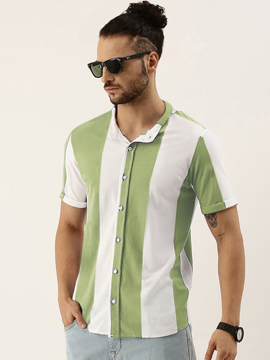 

Campus Sutra Green & White Striped Classic Cotton Shirt