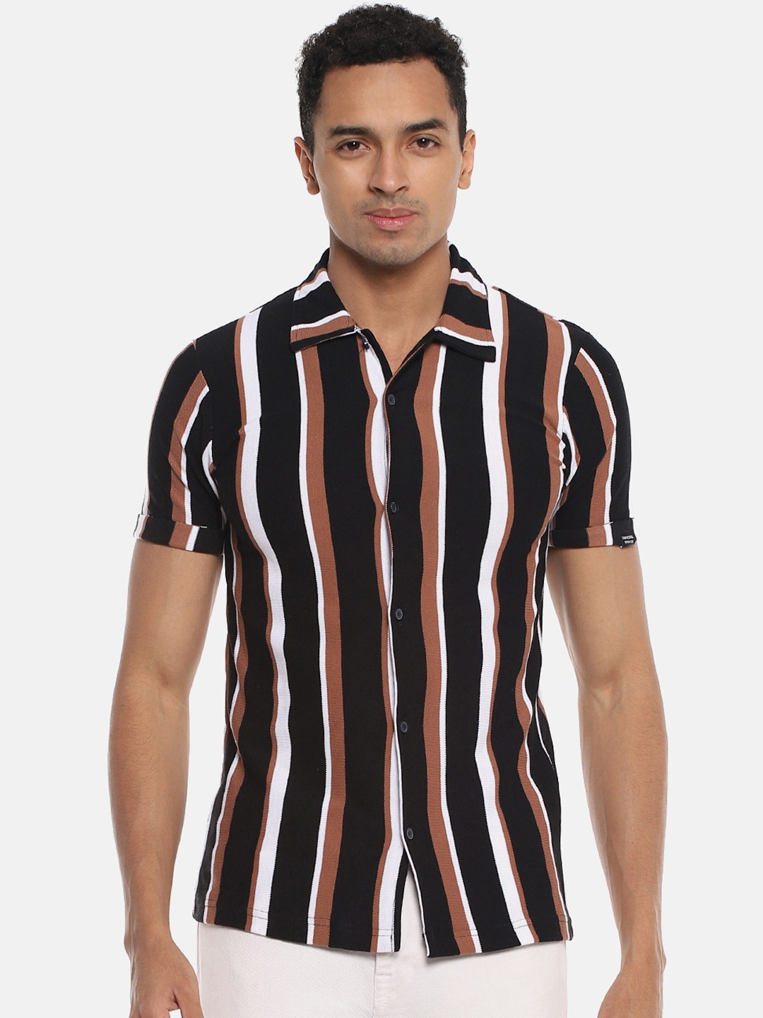 

Campus Sutra Black & Brown Striped Classic Cotton Casual Shirt