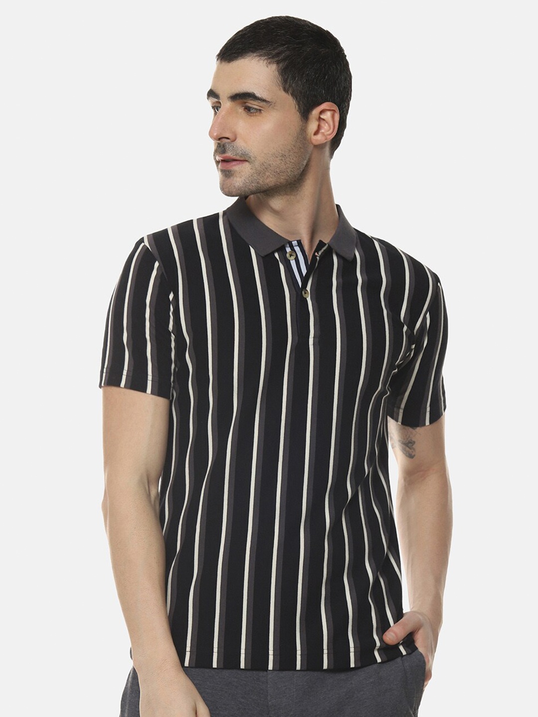 

Campus Sutra Black & White Striped Polo Collar Cotton T-shirt