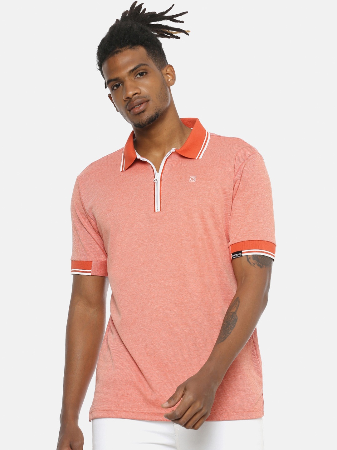 

Campus Sutra Orange Polo Collar Cotton T-shirt