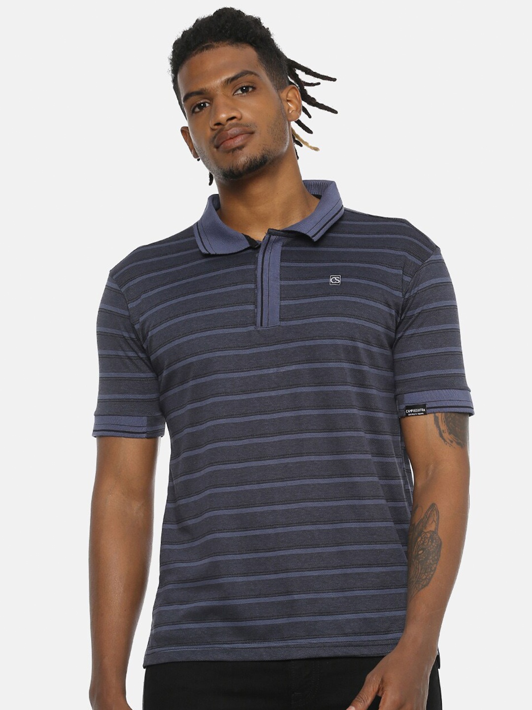 

Campus Sutra Navy Blue Striped Polo Collar Cotton T-shirt