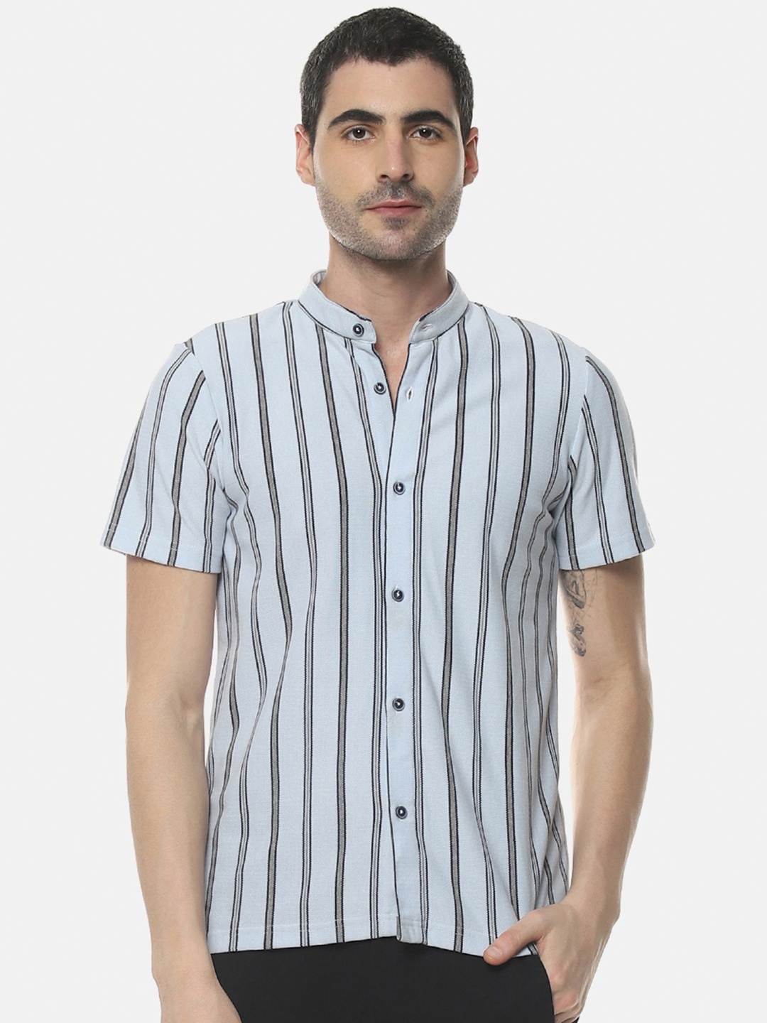 

Campus Sutra Striped Band Collar Classic Cotton Casual Shirt, Blue