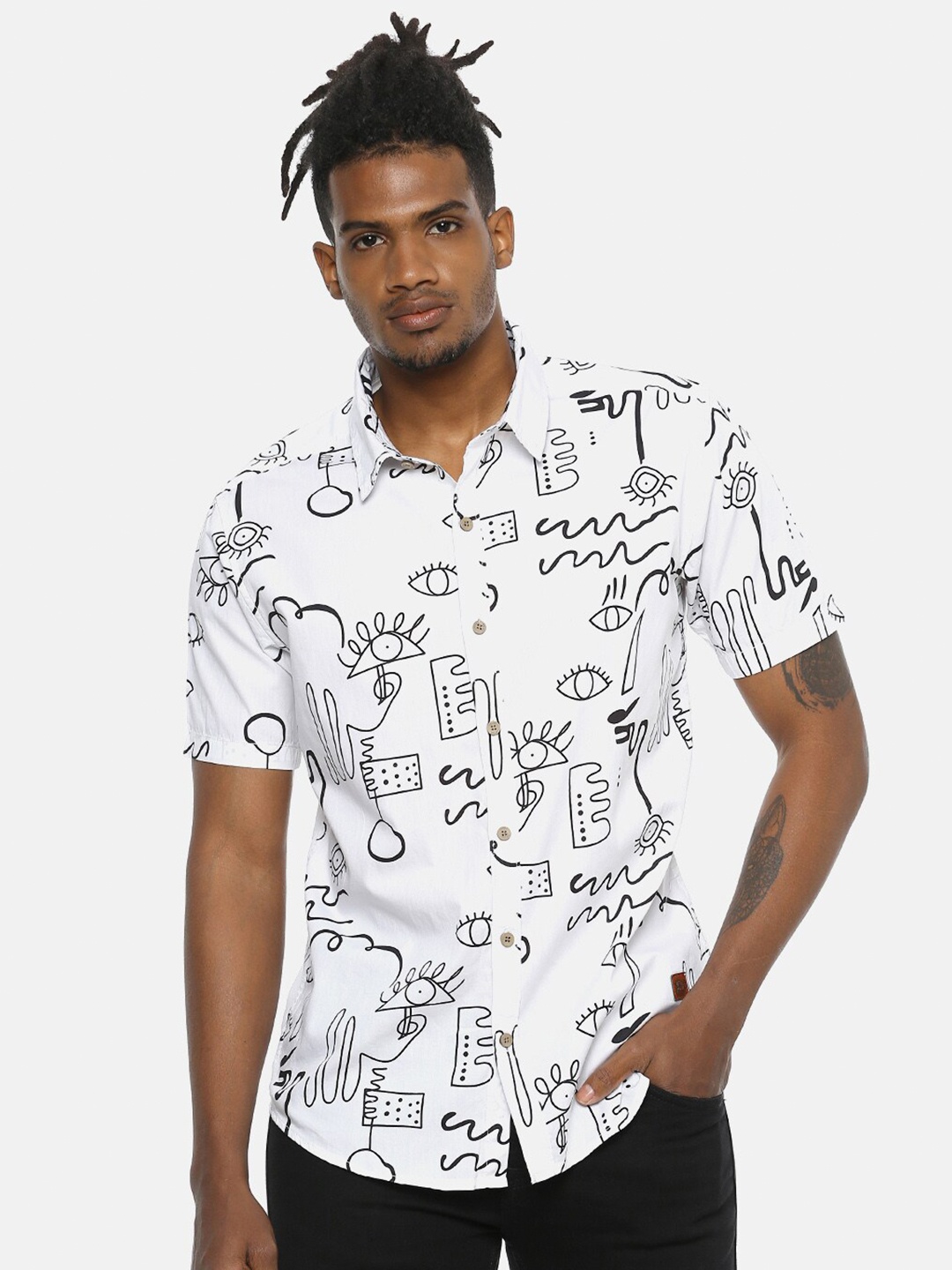

Campus Sutra White Graphic Printed Classic Cotton Casual Shirt