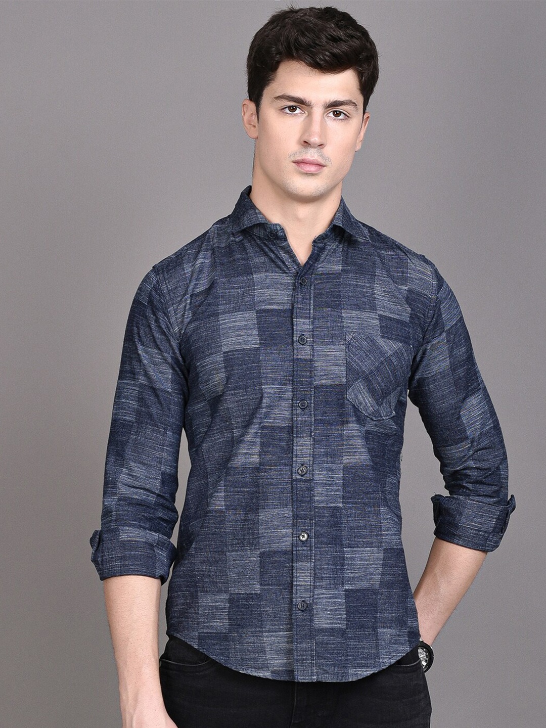 

Campus Sutra Blue Checked Classic Spread Collar Cotton Casual Shirt