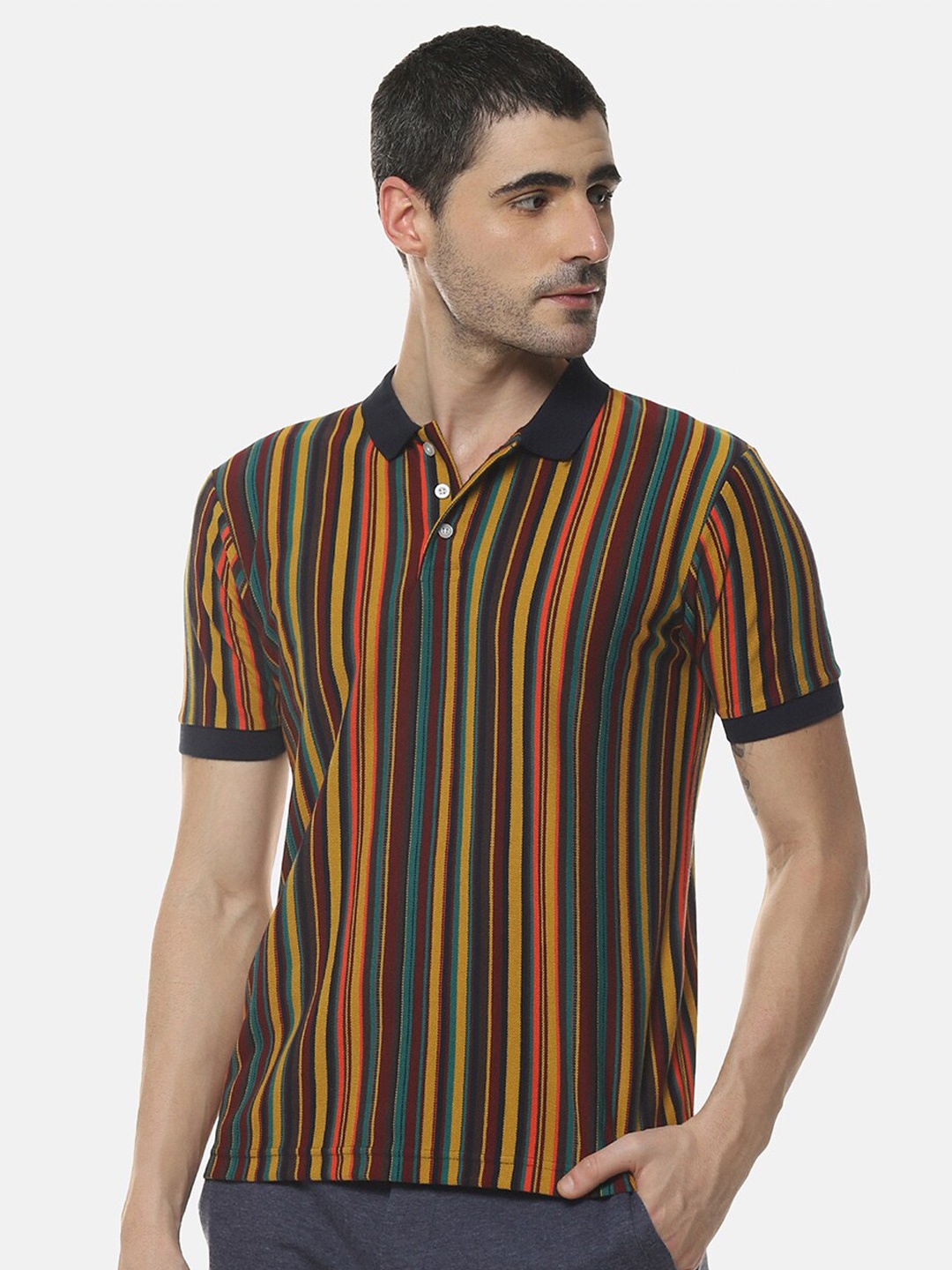 

Campus Sutra Musturd Yellow Striped Polo Collar Cotton T-shirt, Mustard