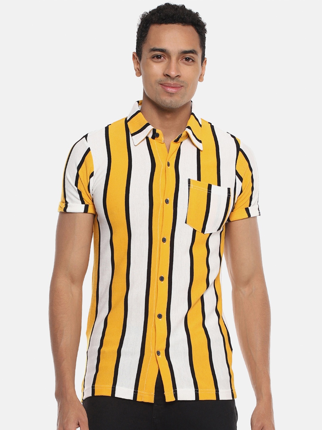 

Campus Sutra Mustard Yellow Striped Classic Spread Collar Cotton Casual Shirt