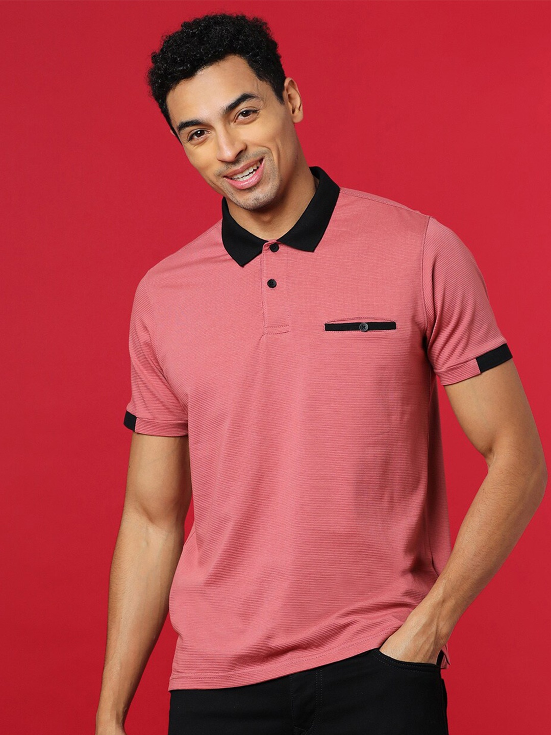 

Campus Sutra Pink Polo Collar Cotton T-Shirt