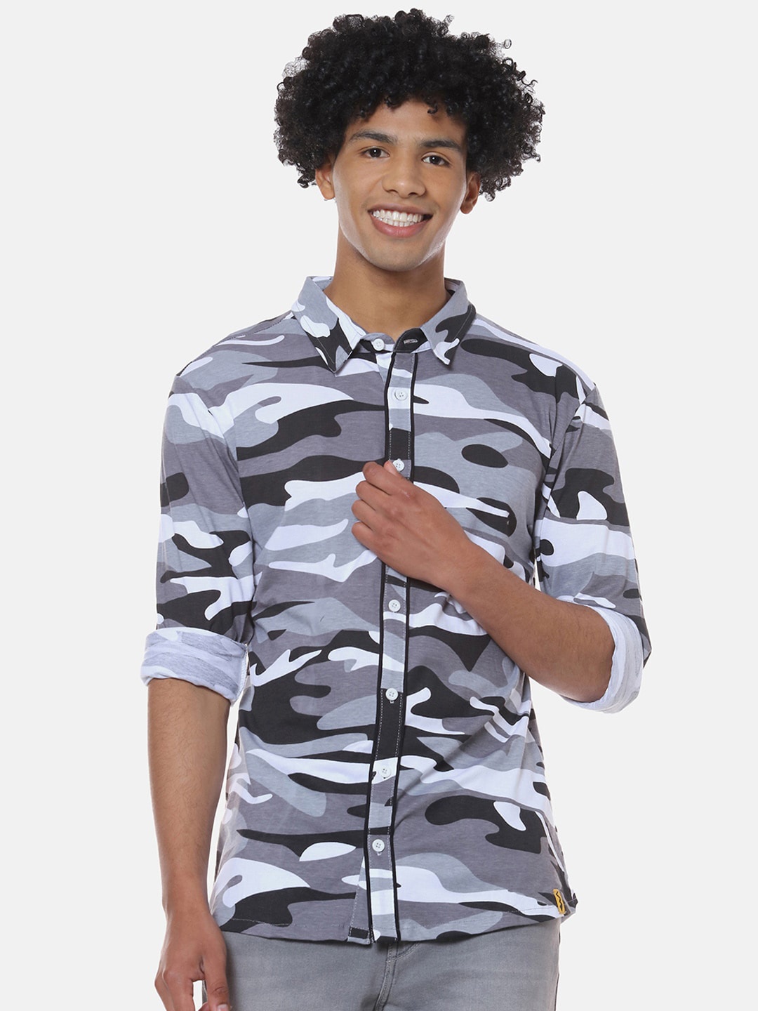

Campus Sutra Grey Classic Camouflage Printed Cotton Casual Shirt