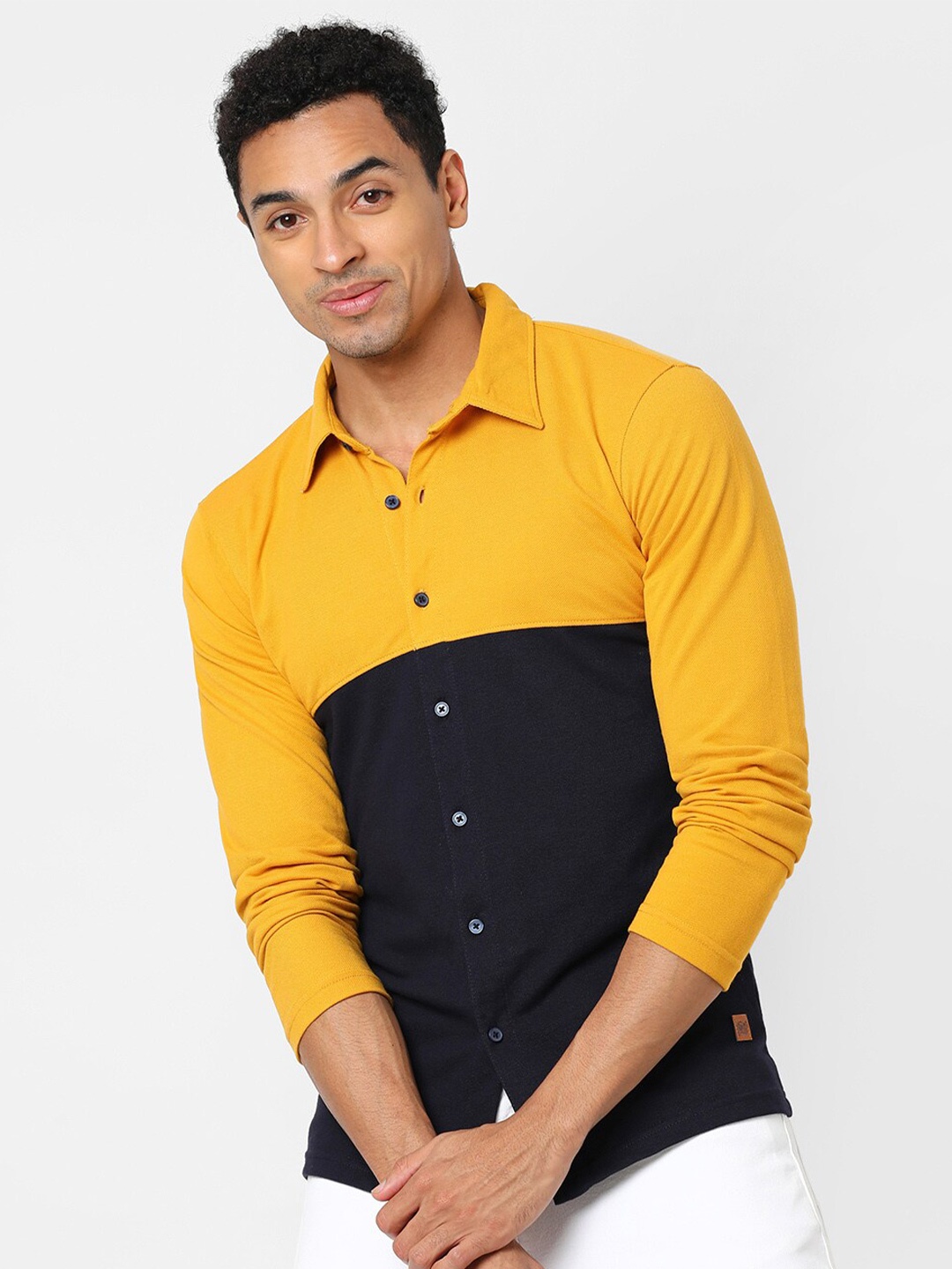 

Campus Sutra Classic Mustard Yellow & Black Colourblocked Cotton Casual Shirt