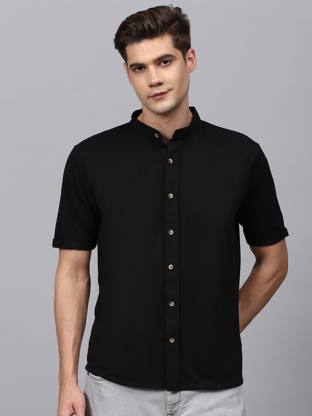 

Campus Sutra Black Classic Mandarin Collar Casual Shirt