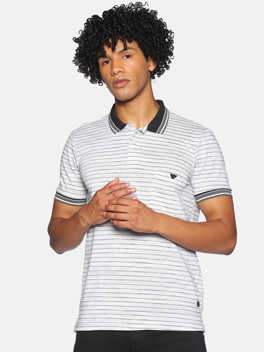 

Campus Sutra Grey Striped Polo Collar Cotton T-shirt