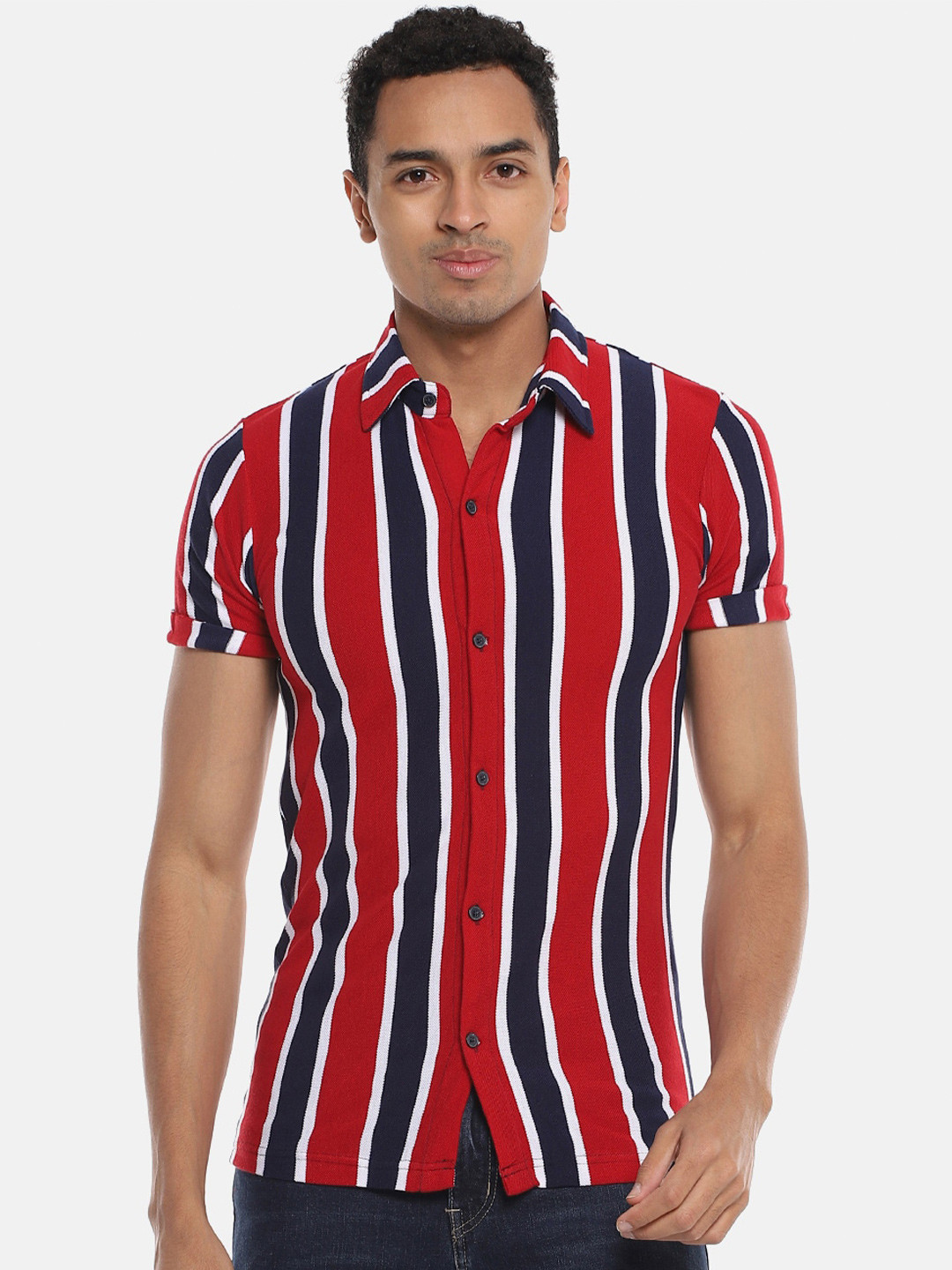 

Campus Sutra Red Classic Striped Cotton Casual Shirt