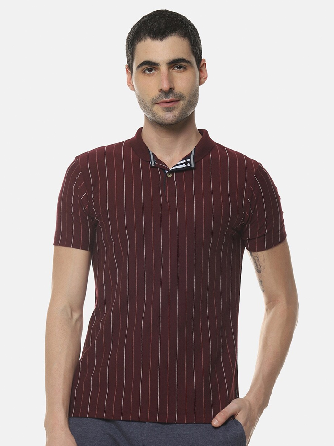 

Campus Sutra Maroon Striped Polo Collar Cotton T-shirt