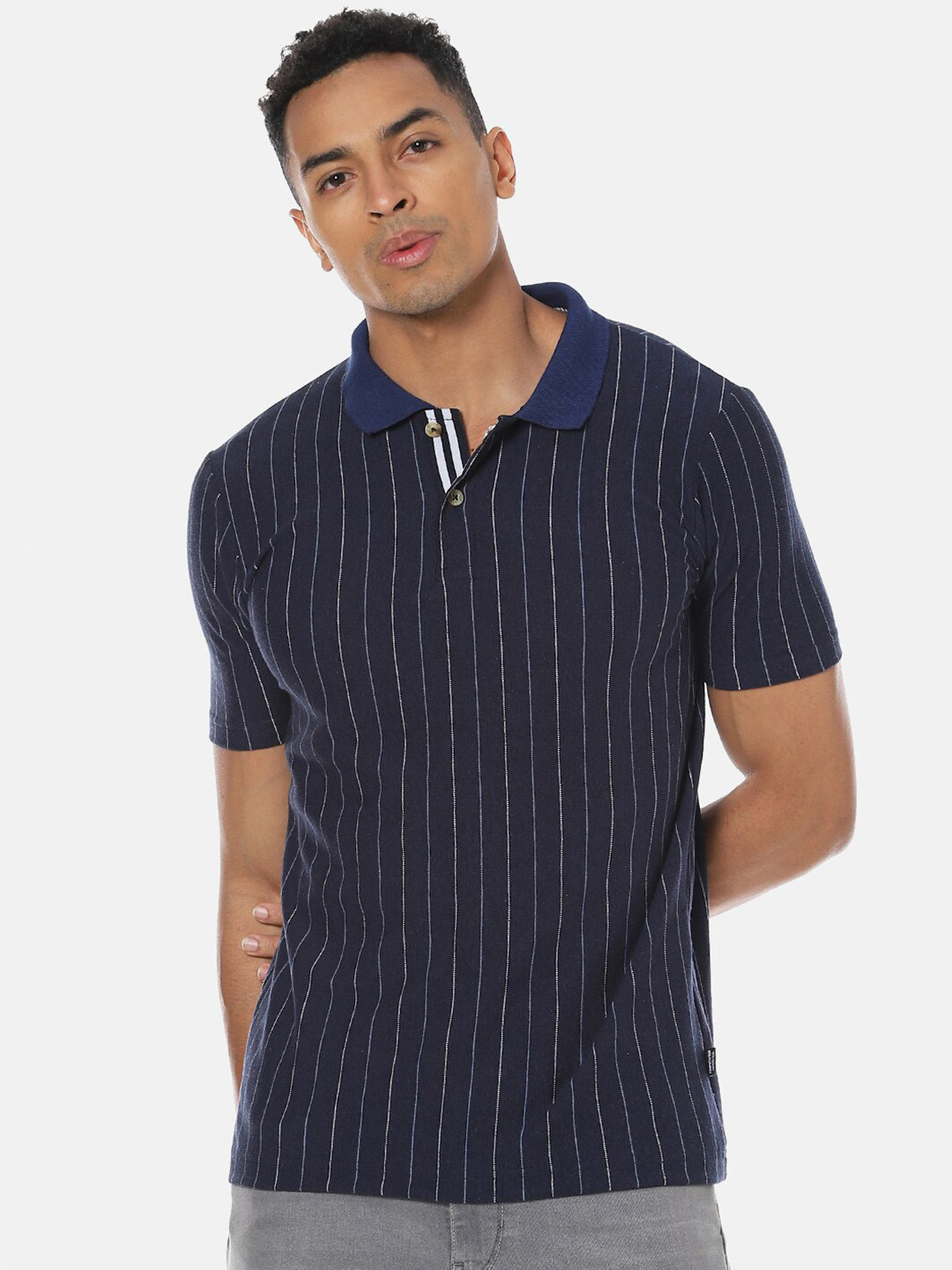

Campus Sutra Navy Blue Striped Polo Collar Cotton T-shirt