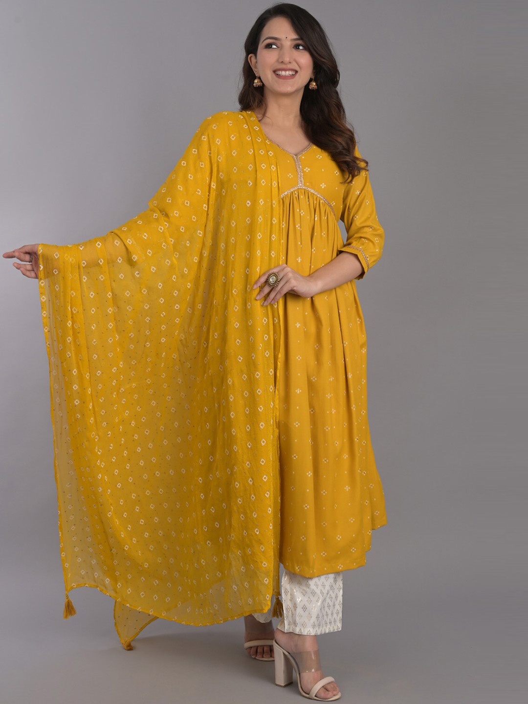 

Do Dhaage Bandhani Printed Pleated A-Line Kurta With Trousers & Dupatta, Yellow