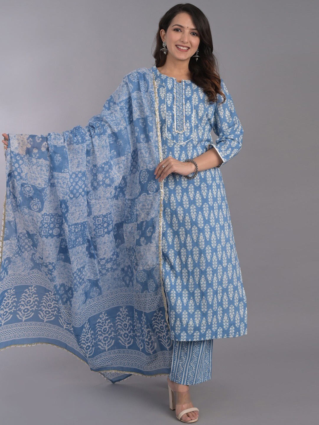 

Do Dhaage Ethnic Motifs Printed Pure Cotton Kurta With Trousers & Dupatta, Blue