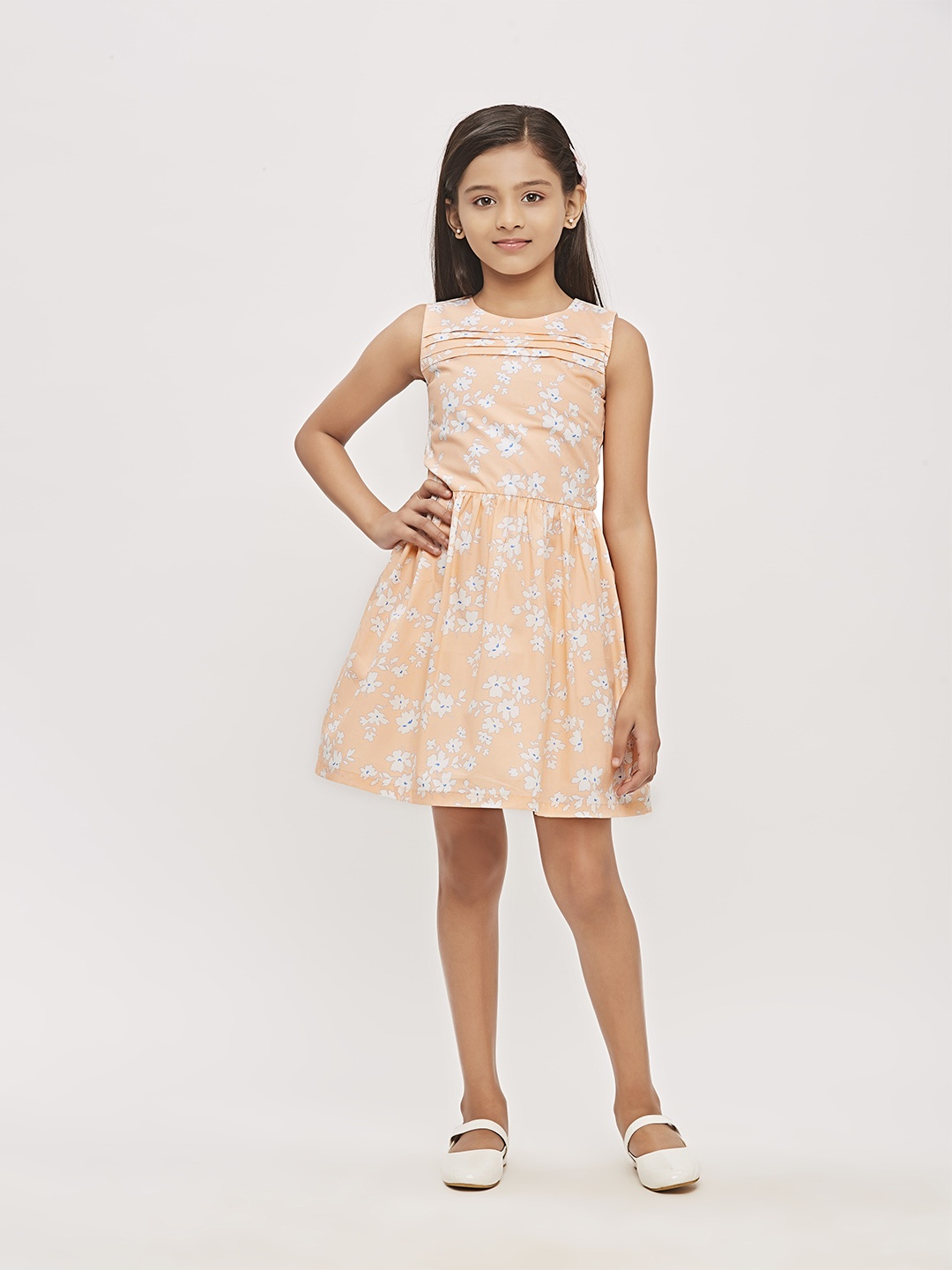 

Tiny Girl Floral Printed Cotton Fit & Flare Dress, Peach