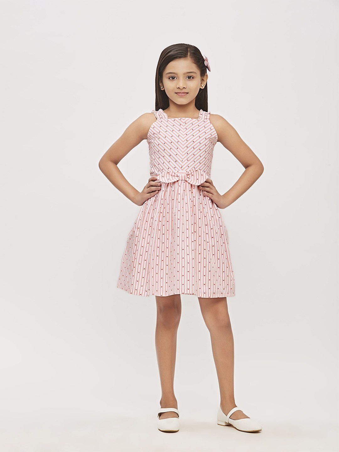 

Tiny Girl Striped Printed Cotton Fit & Flare Dress, Peach