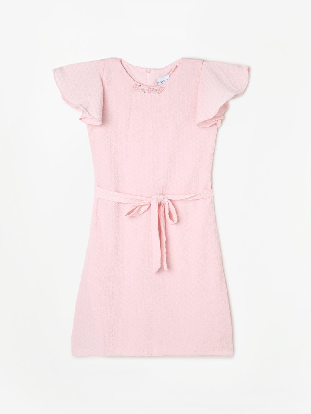 

Tiny Girl Self Design Flutter Sleeves A-Line Dress With Belt, Pink