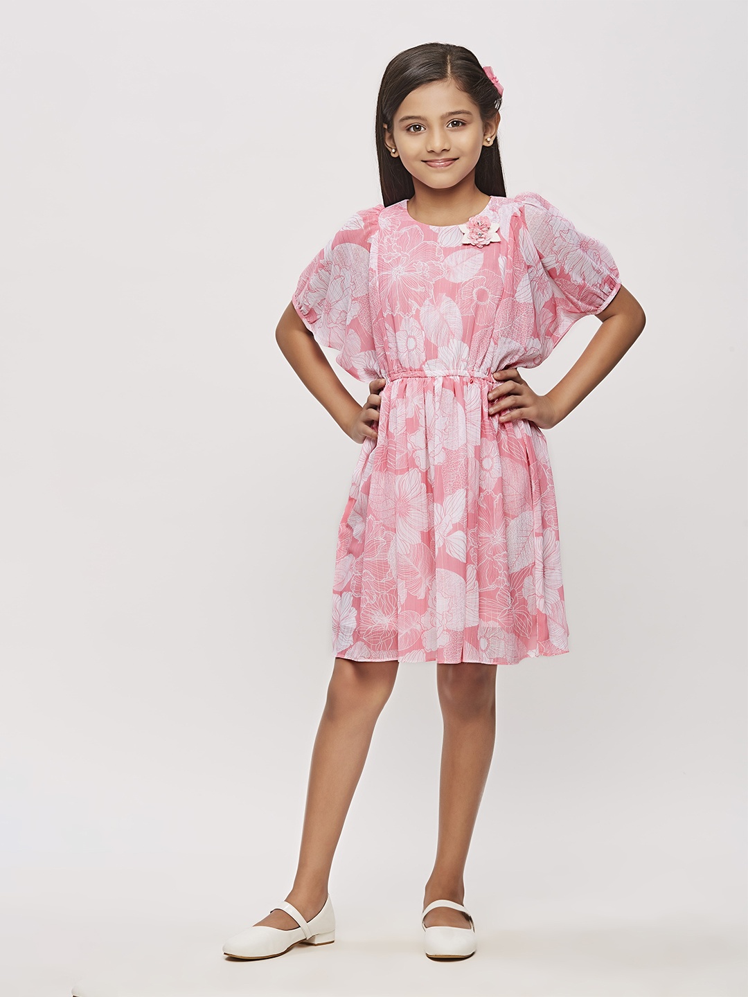 

Tiny Girl Pink Floral Print Puff Sleeve A-Line Dress