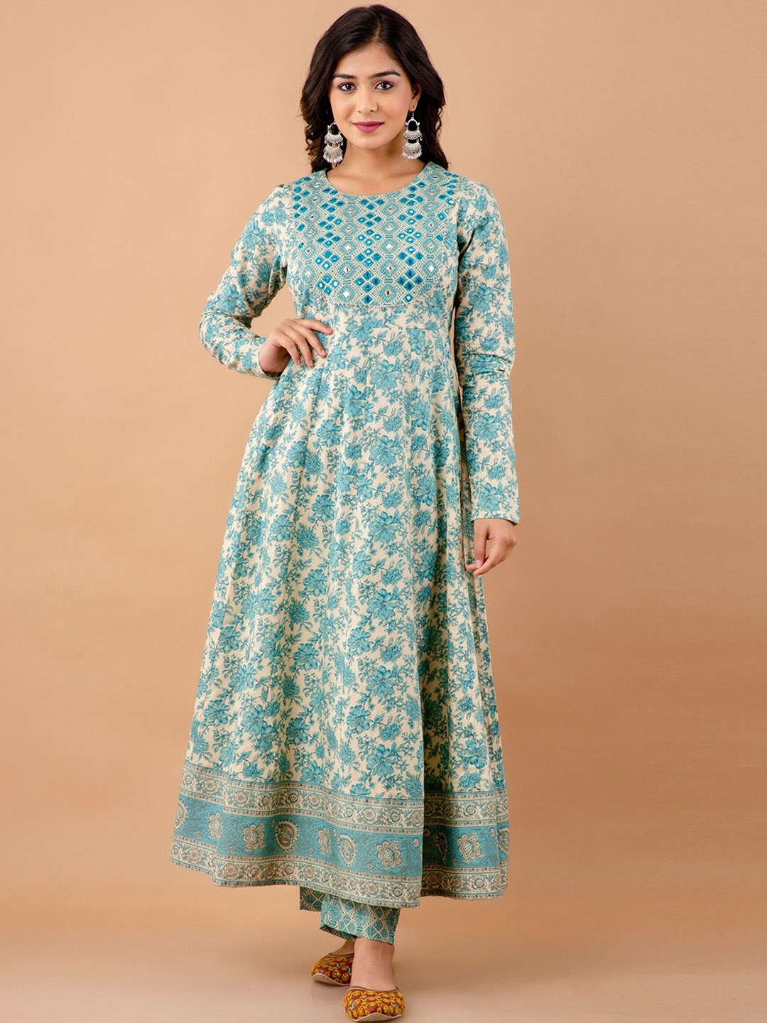 

Kohsh Floral Printed Regular Mirror Work Pure Cotton Kurta with Trousers & With Dupatta, Turquoise blue