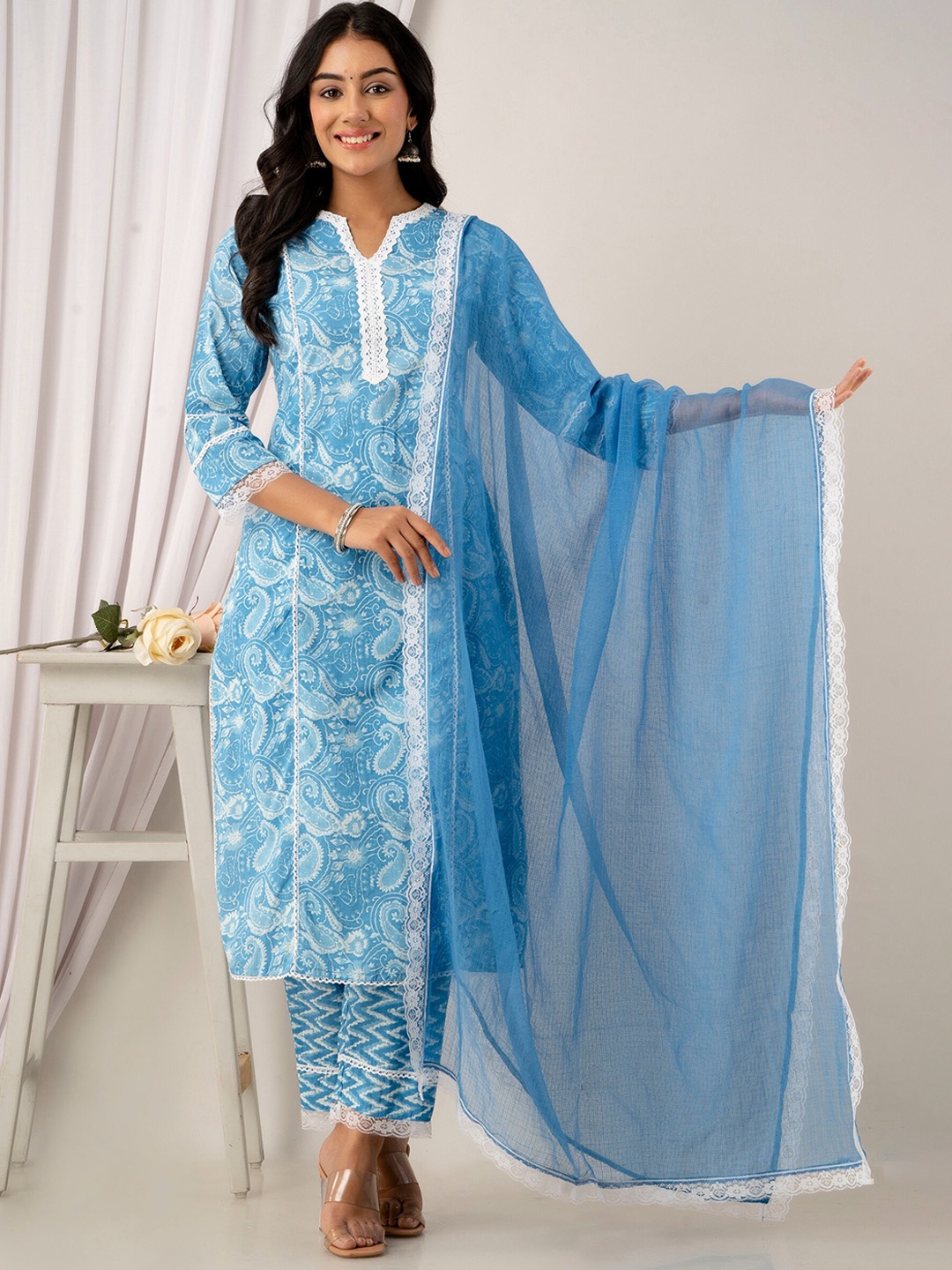 

Kohsh Paisley Printed Regular Pure Cotton Kurta with Trousers & With Dupatta, Blue