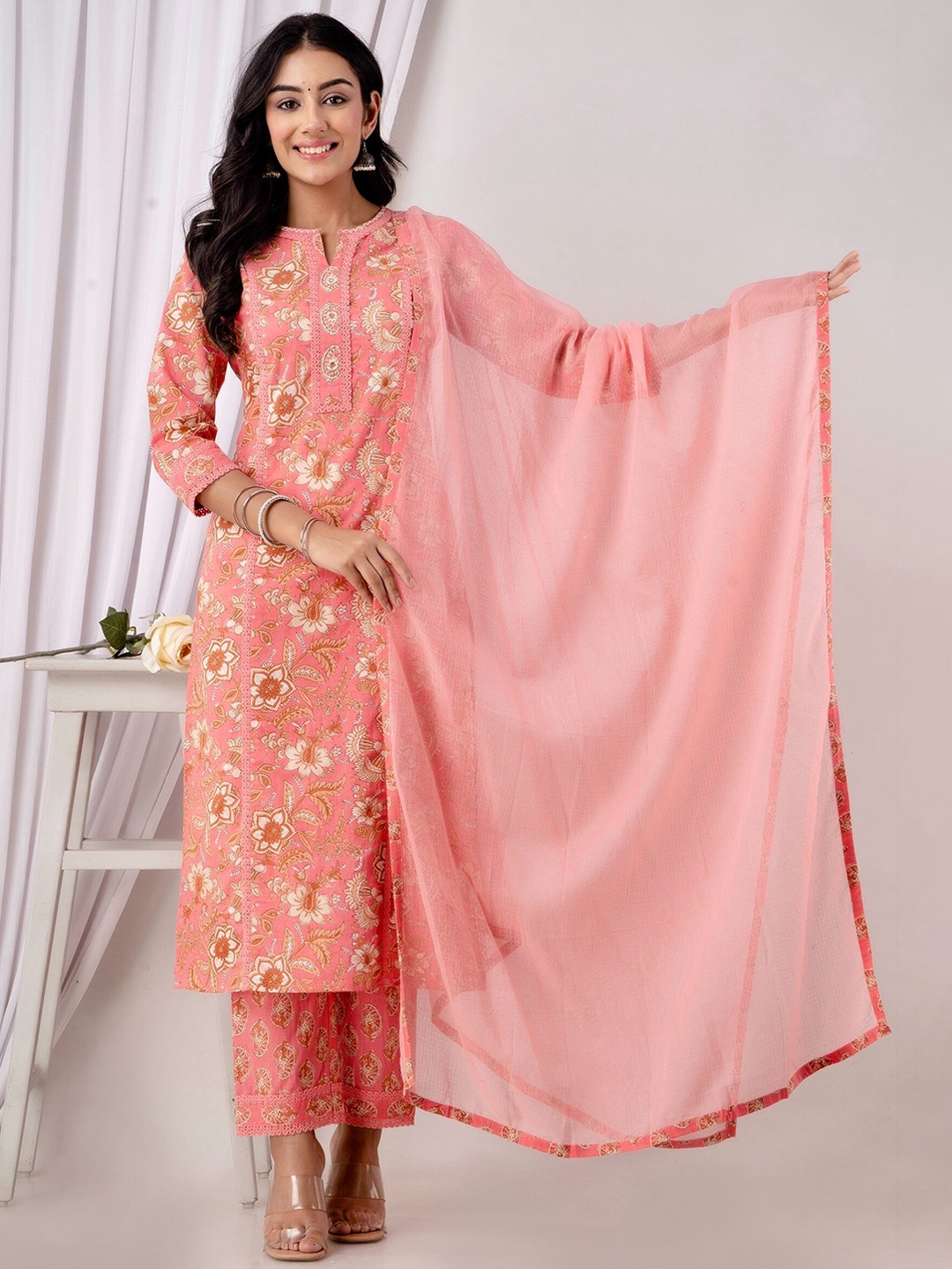 

Kohsh Floral Printed Pure Cotton Kurta with Trousers & With Dupatta, Peach