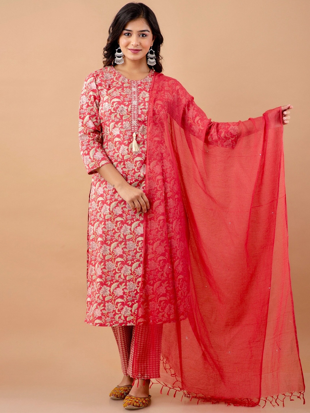 

Kohsh Floral Printed Beads and Stones Pure Cotton Kurta with Trousers & With Dupatta, Red