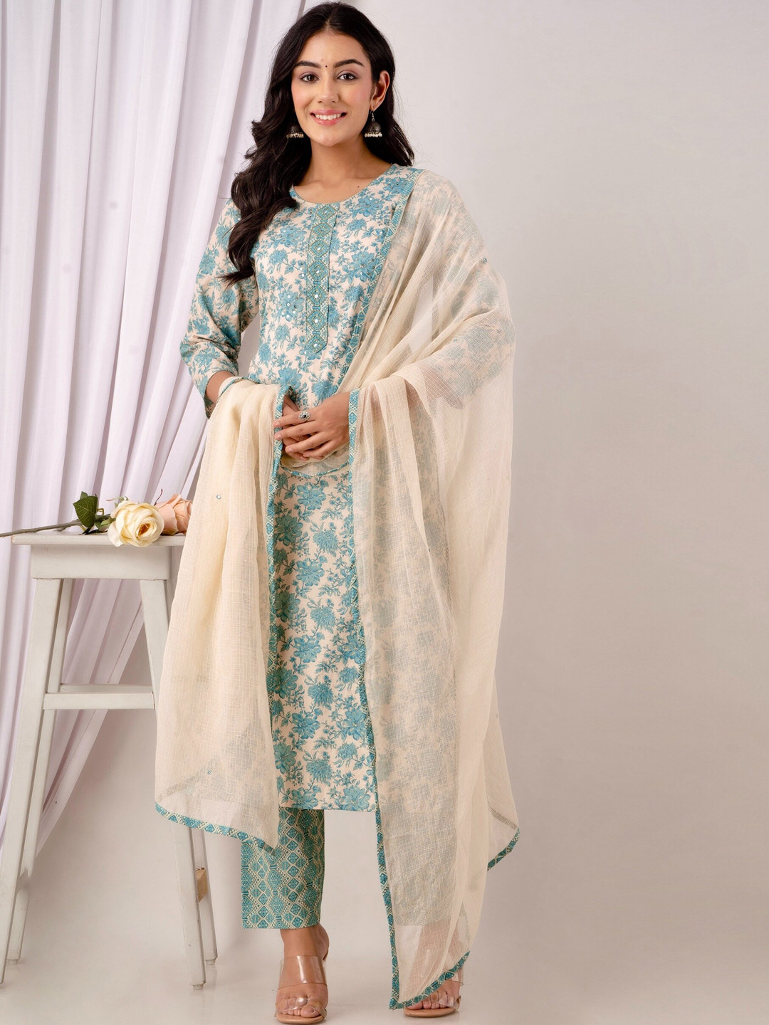 

Kohsh Floral Printed Regular Sequinned Pure Cotton Kurta with Trousers & With Dupatta, Teal