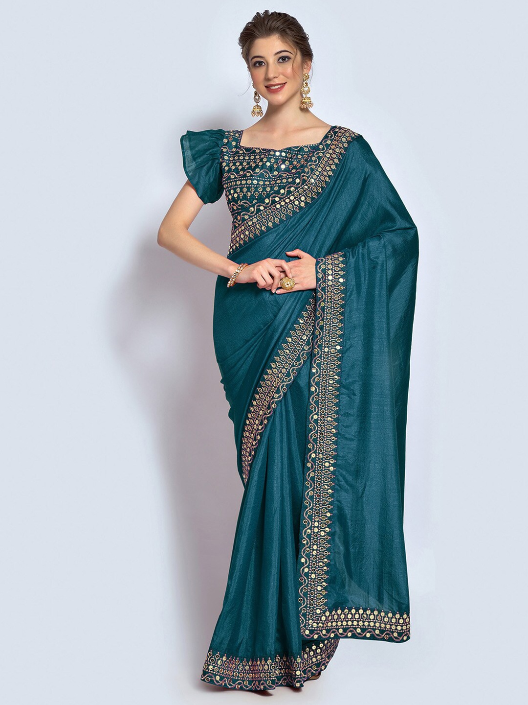 

Mitera Blue & Gold-Toned Embroidered Silk Blend Saree