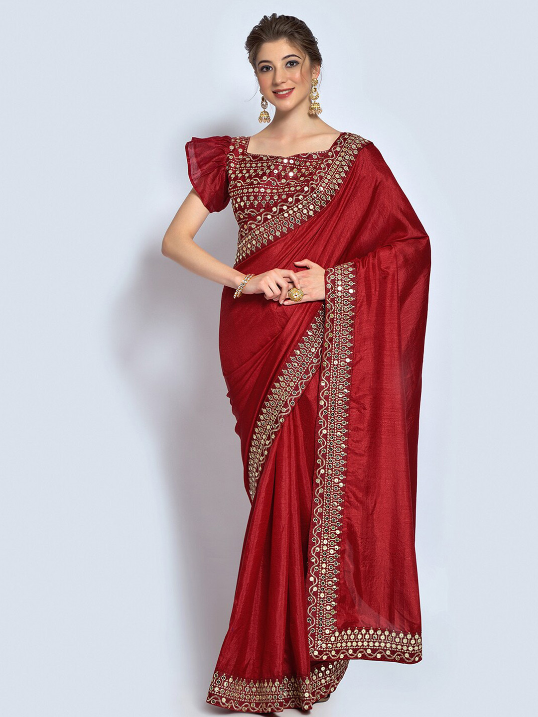 

Mitera Maroon & Gold-Toned Embroidered Sequined Silk Blend Saree