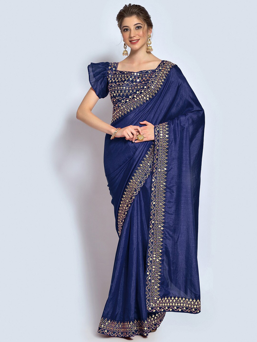 

Mitera Blue & Gold-Toned Embroidered Sequined Silk Blend Saree