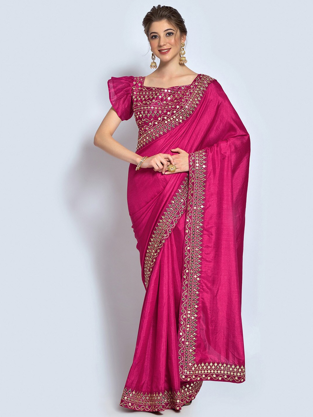 

Mitera Pink Mirror Work Border Silk Blend Saree
