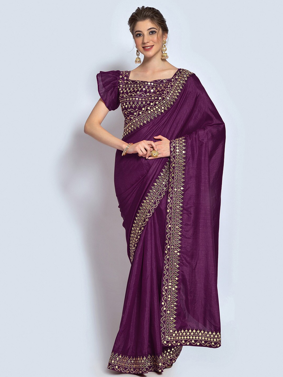 

Mitera Purple & Gold-Toned Embroidered Silk Blend Saree