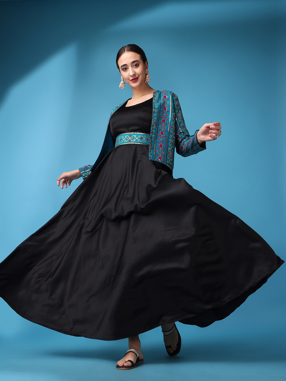 

ASPORA Satin Fit & Flare Maxi Ethnic Dress With Jacket, Black