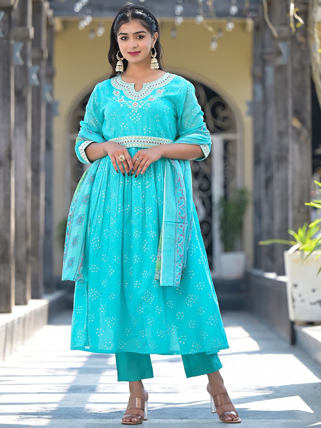 

NITVAN Printed Notched Neck Mirror Work Pure Cotton Kurta With Trousers & Dupatta, Turquoise blue