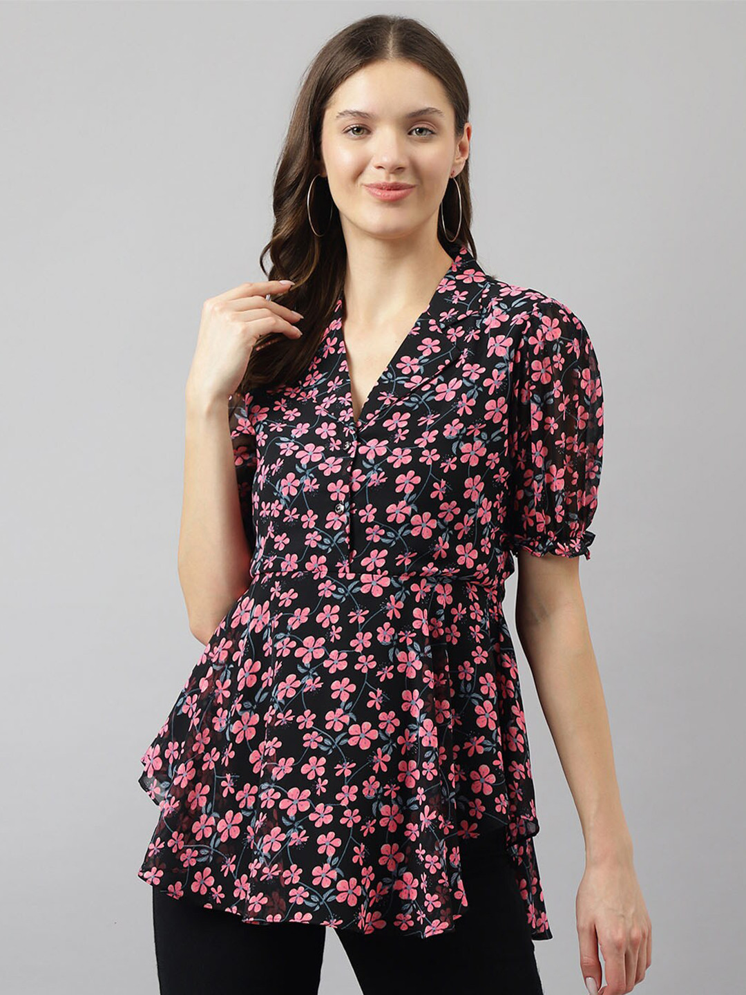 

KERI PERRY Floral Printed Puff Sleeve High-Low Top, Black