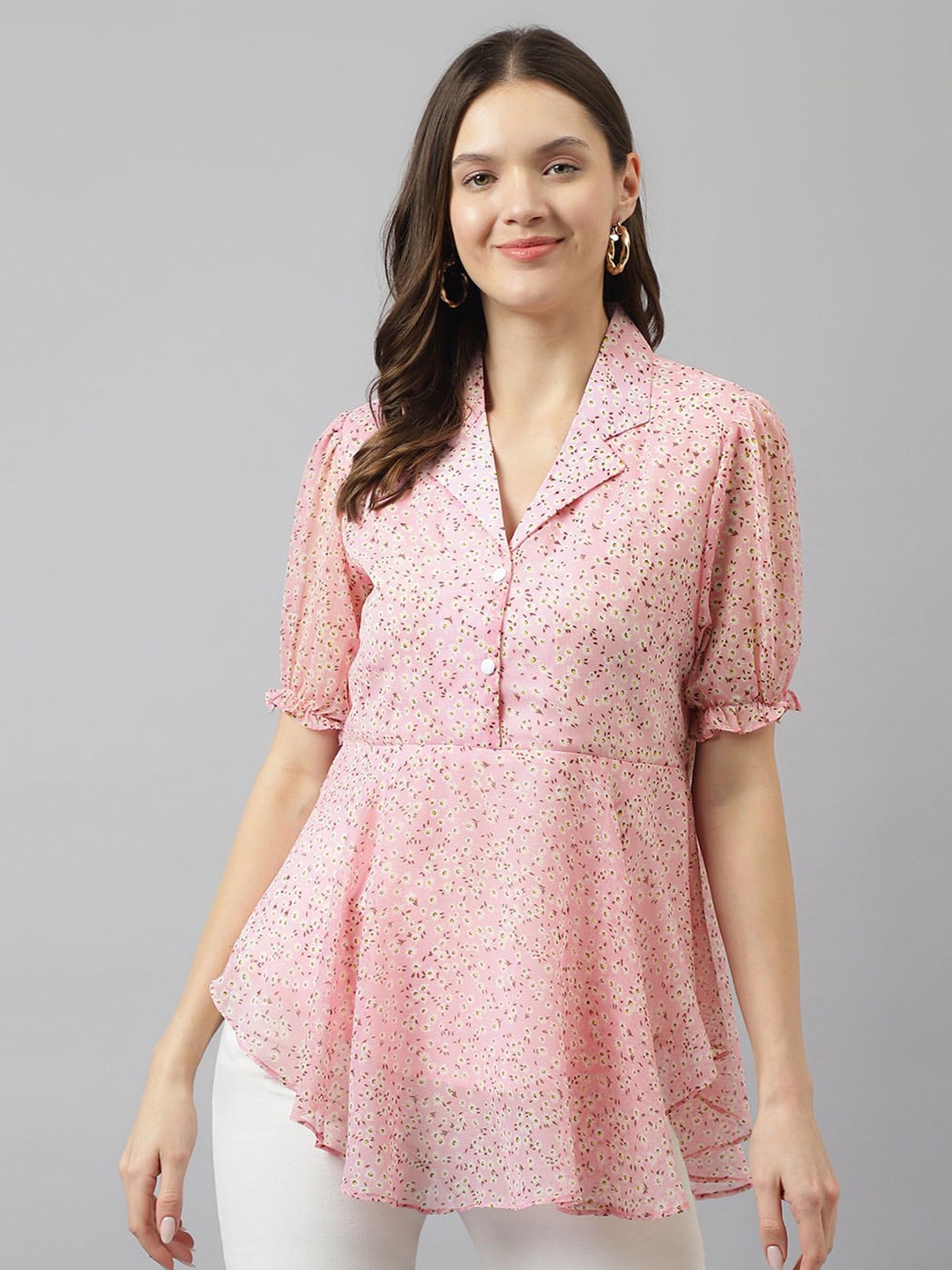 

KERI PERRY Floral Printed Lapel Collar Puff Sleeve High Low Top, Pink