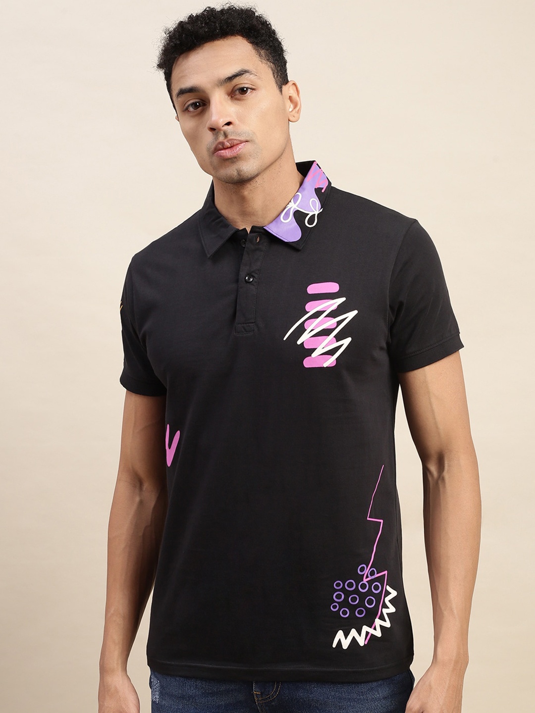 

VEIRDO Graphic Printed Polo Collar Pure Cotton Casual T-Shirt, Black