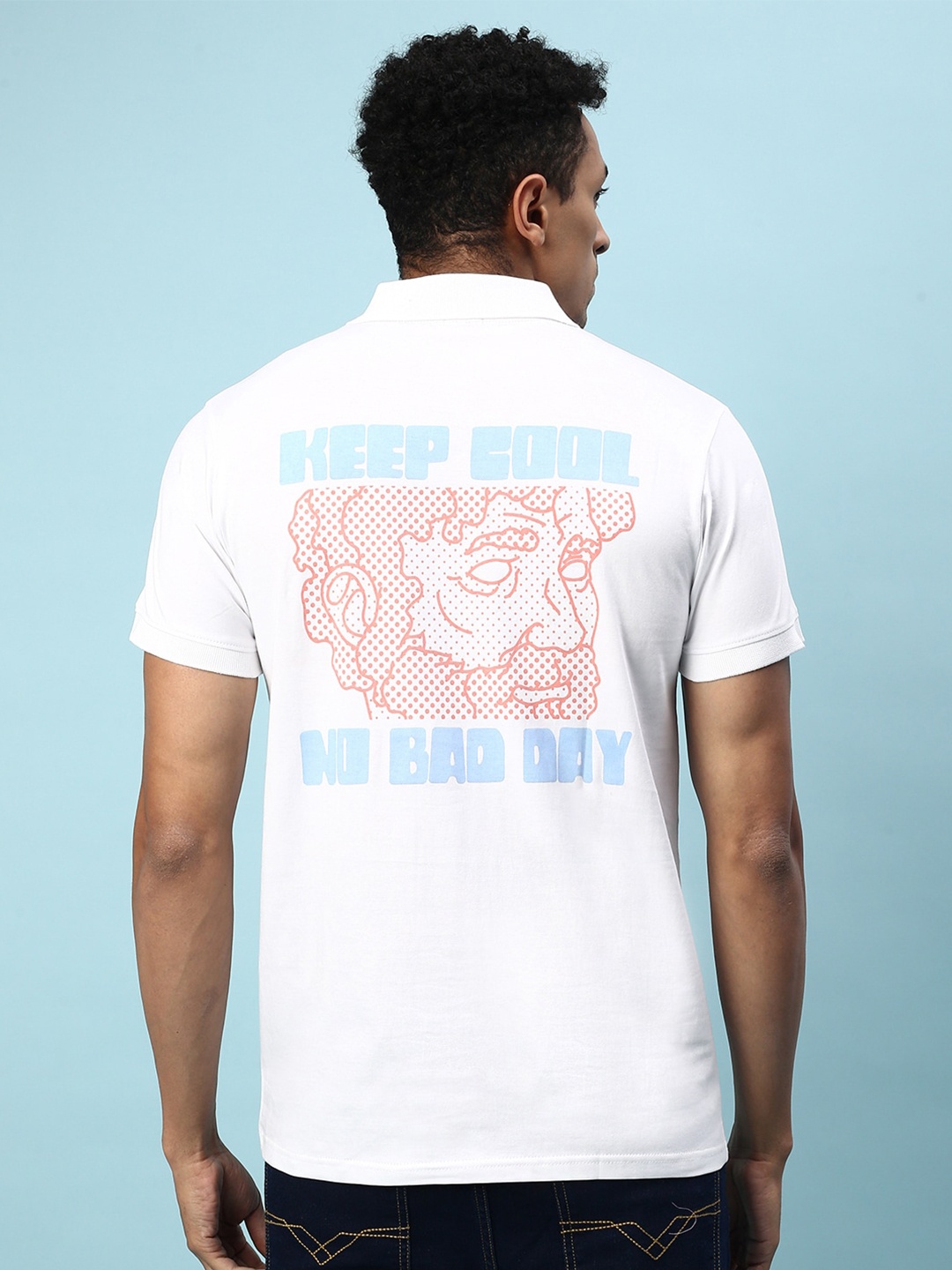 

VEIRDO Graphic Printed Polo Collar Pure Cotton Casual T-Shirt, White