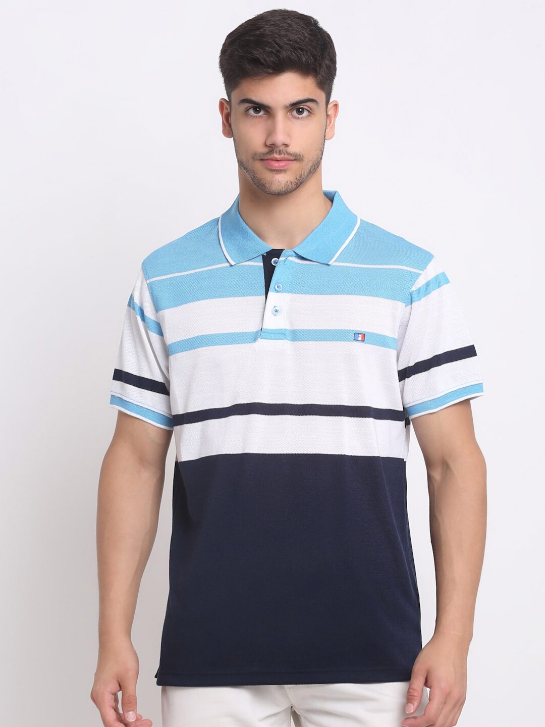 

FRENCH FLEXIOUS Striped Polo Collar Short Sleeves Cotton T-shirt, Navy blue