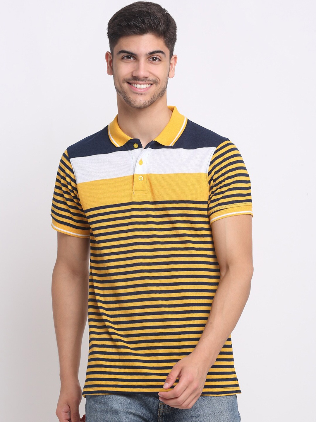

FRENCH FLEXIOUS Striped Polo Collar Cotton T-shirt, Yellow