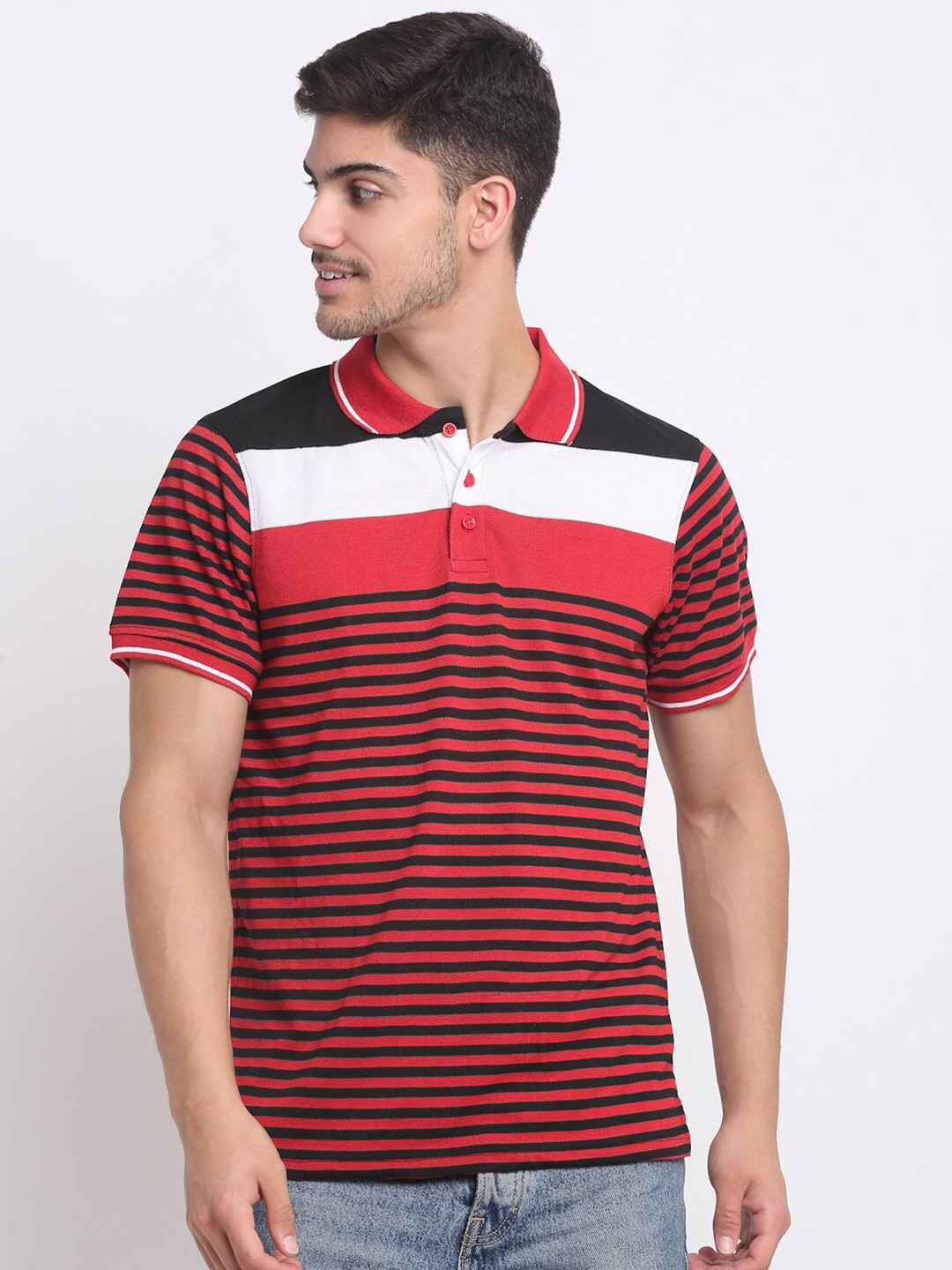 

FRENCH FLEXIOUS Striped Polo Collar Cotton T-shirt, Red