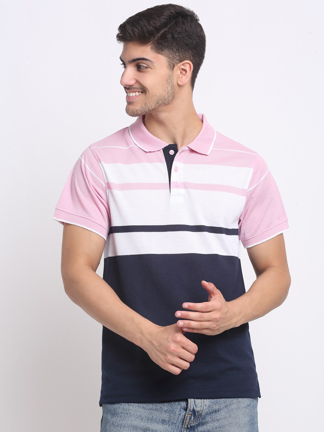 

FRENCH FLEXIOUS Striped Polo Collar Short Sleeves Cotton T-shirt, Pink