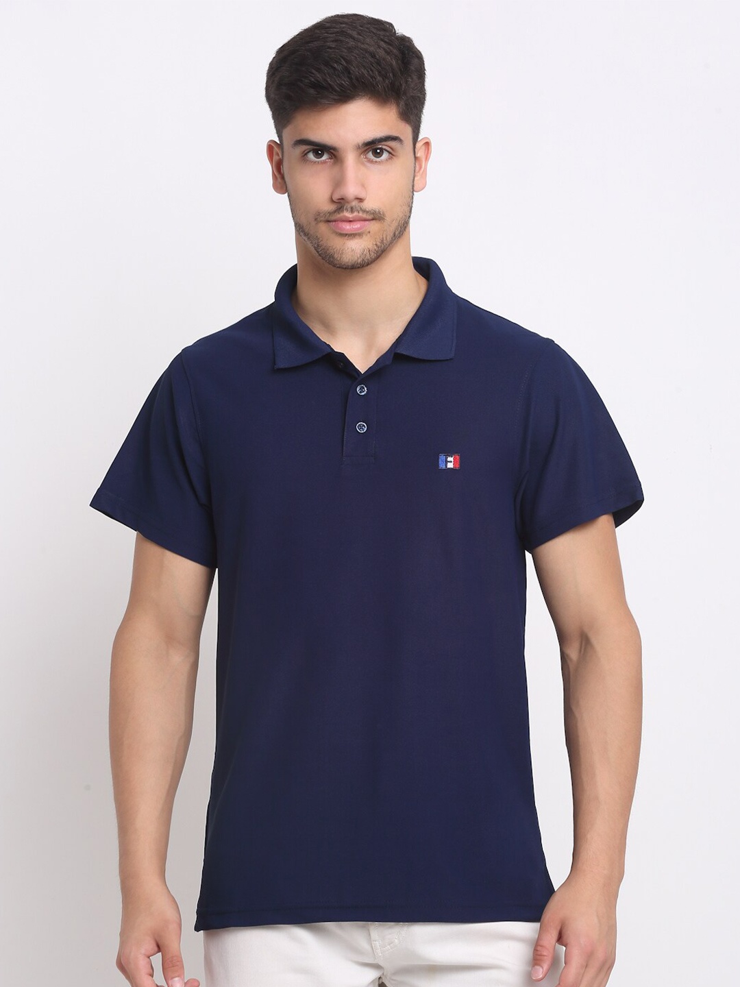 

FRENCH FLEXIOUS Polo Collar Short Sleeves Cotton T-shirt, Navy blue